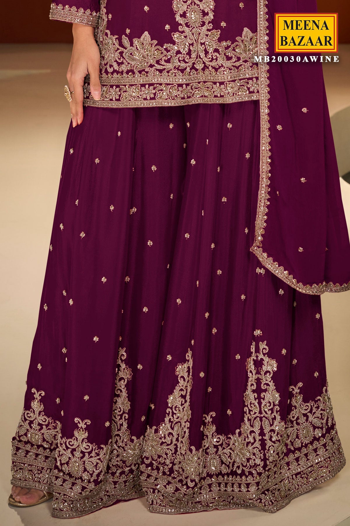 Krishvi Wine Chinon Sharara Suit with Neck Embroidery