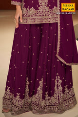 Krishvi Wine Chinon Sharara Suit with Neck Embroidery