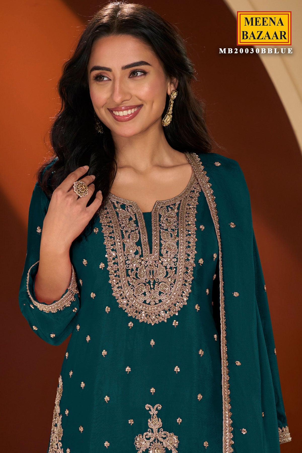 Blue Chinon Sharara Suit with Neck Embroidery