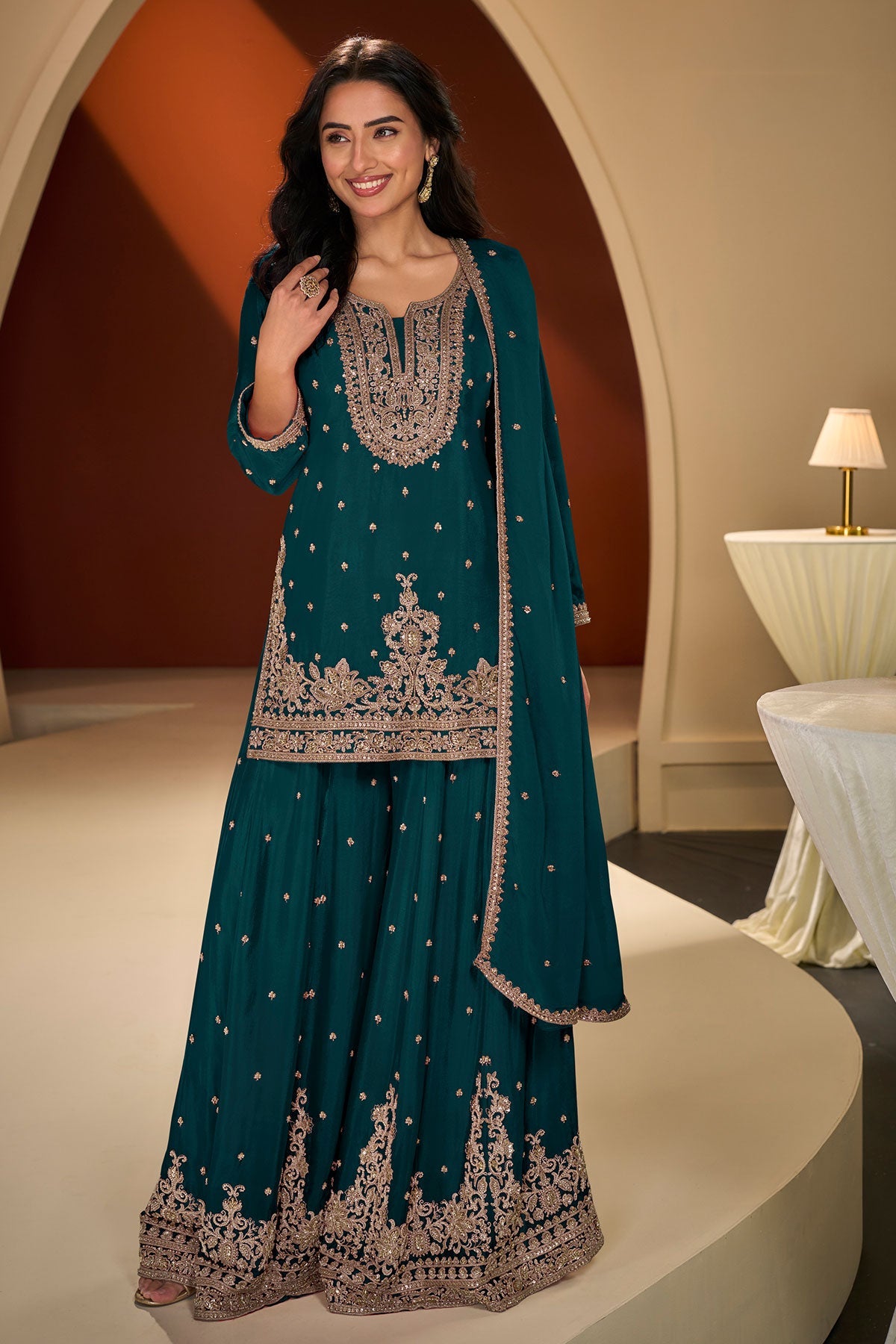 Blue Chinon Sharara Suit with Neck Embroidery