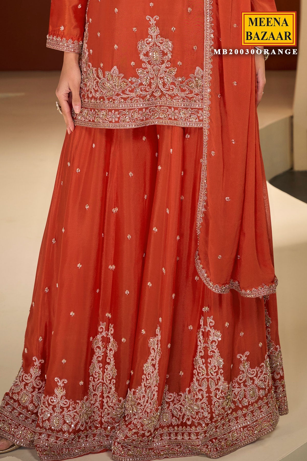 Orange Chinon Sharara Suit with Neck Embroidery