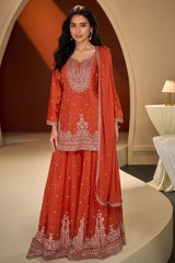 Orange Chinon Sharara Suit with Neck Embroidery
