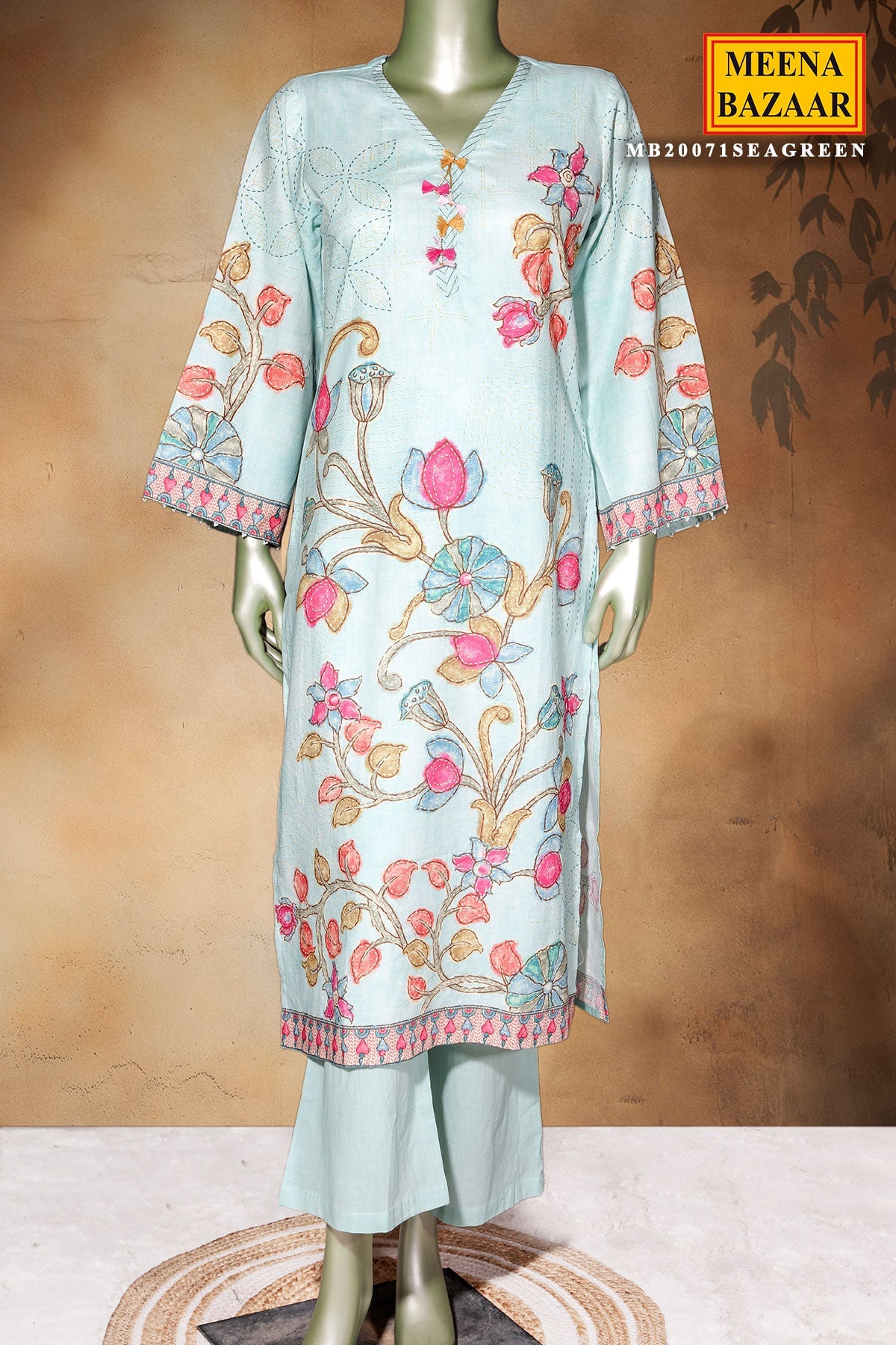 Sea Green Cotton Ready Made Suit with Elegant Neck Embroidery
