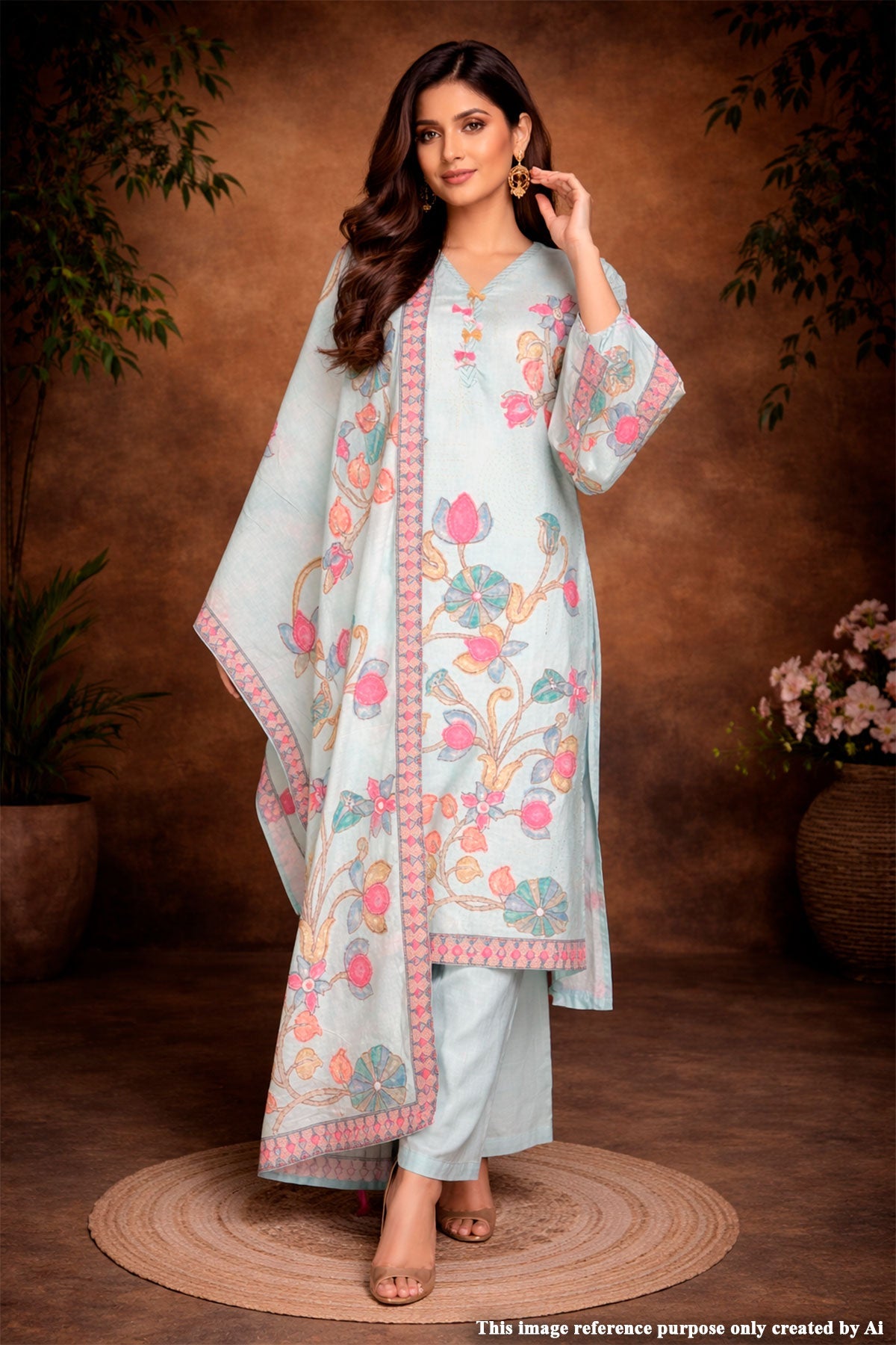 Sea Green Cotton Ready Made Suit with Elegant Neck Embroidery