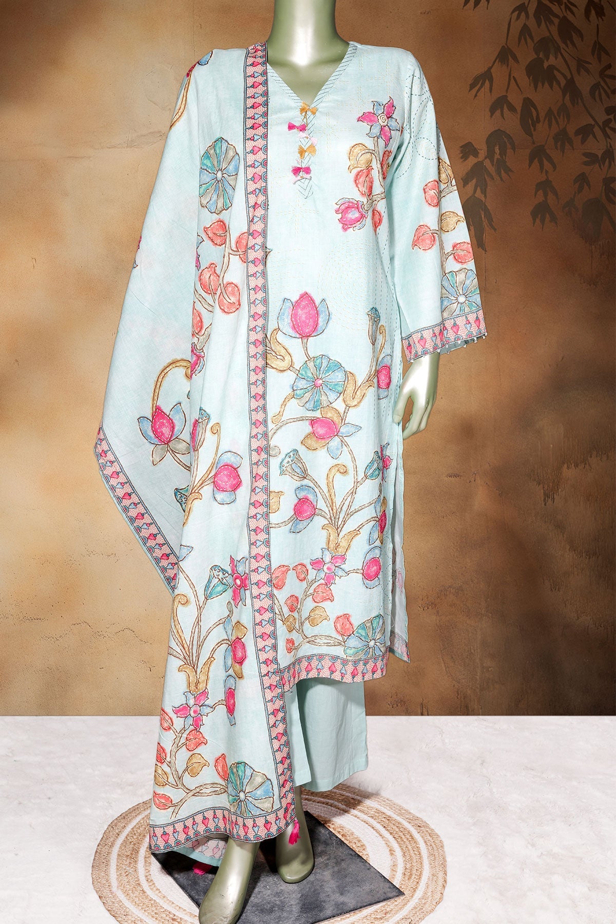 Sea Green Cotton Ready Made Suit with Elegant Neck Embroidery