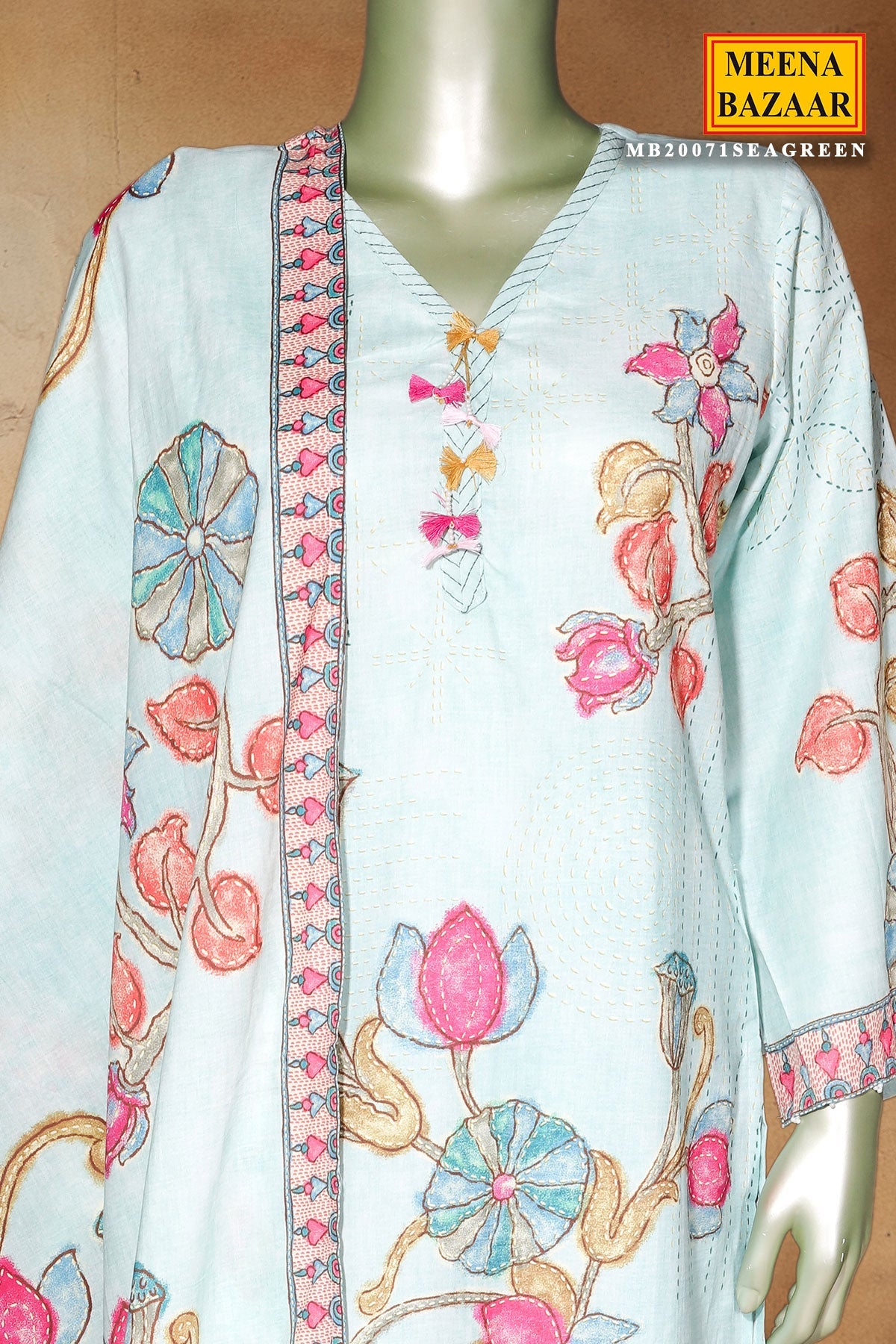 Sea Green Cotton Ready Made Suit with Elegant Neck Embroidery