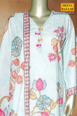 Sea Green Cotton Ready Made Suit with Elegant Neck Embroidery