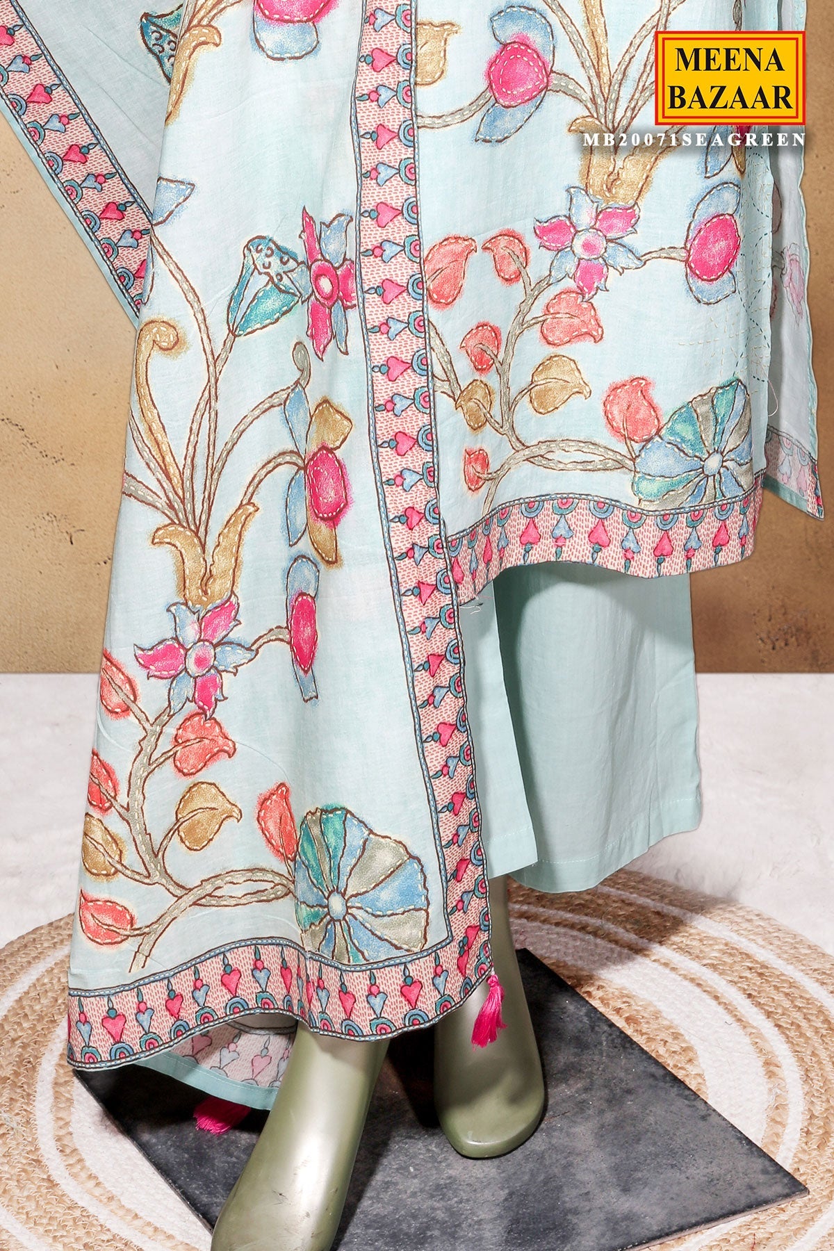 Sea Green Cotton Ready Made Suit with Elegant Neck Embroidery