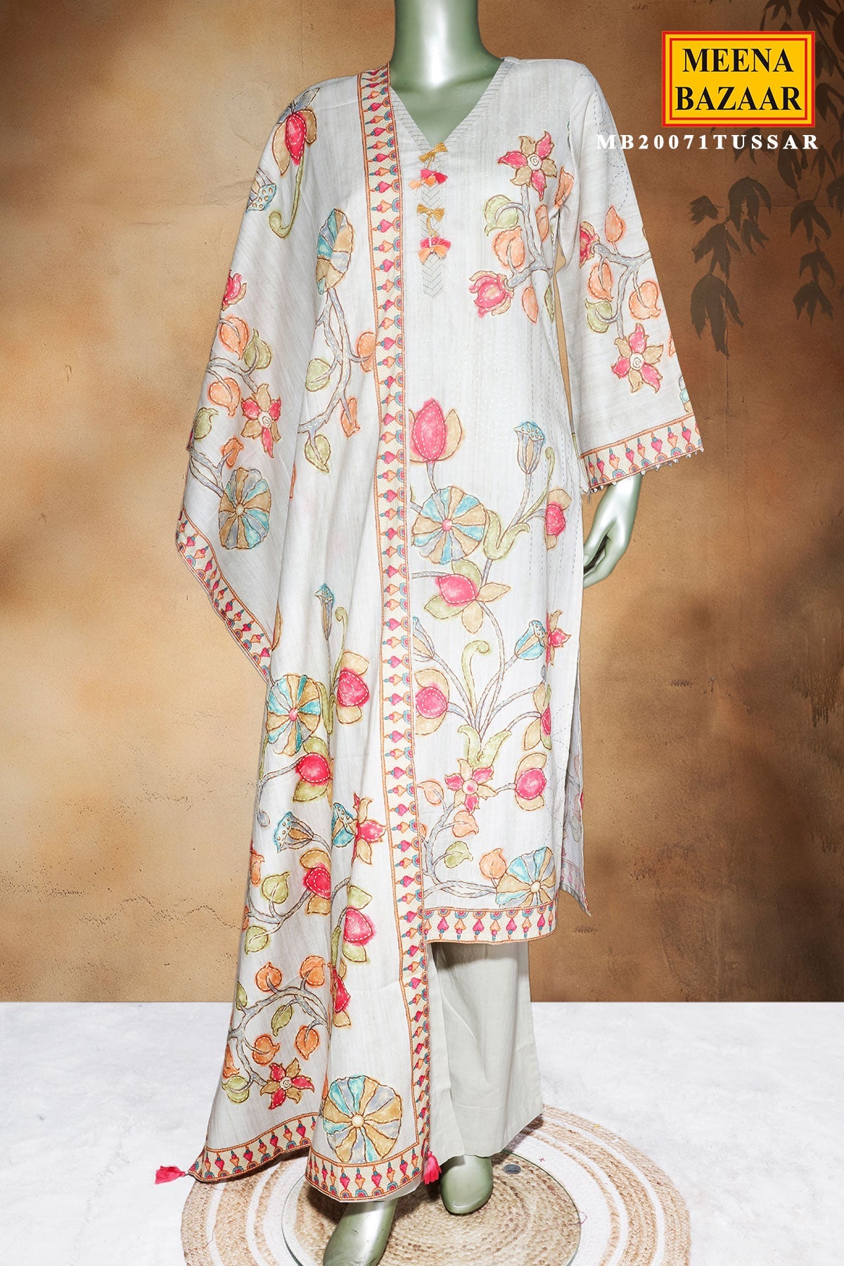 Tussar Cotton Ready-Made Suit with Elegant Neck Embroidery