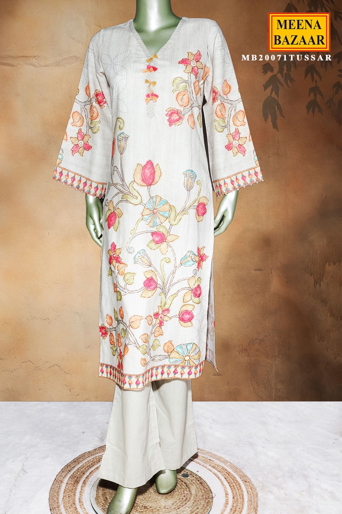 Tussar Cotton Ready-Made Suit with Elegant Neck Embroidery