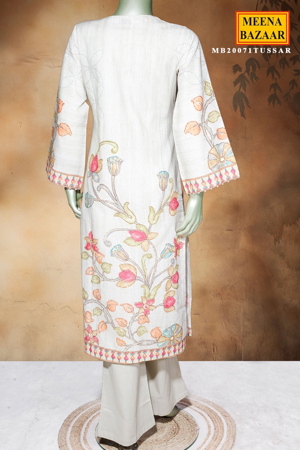 Tussar Cotton Ready-Made Suit with Elegant Neck Embroidery