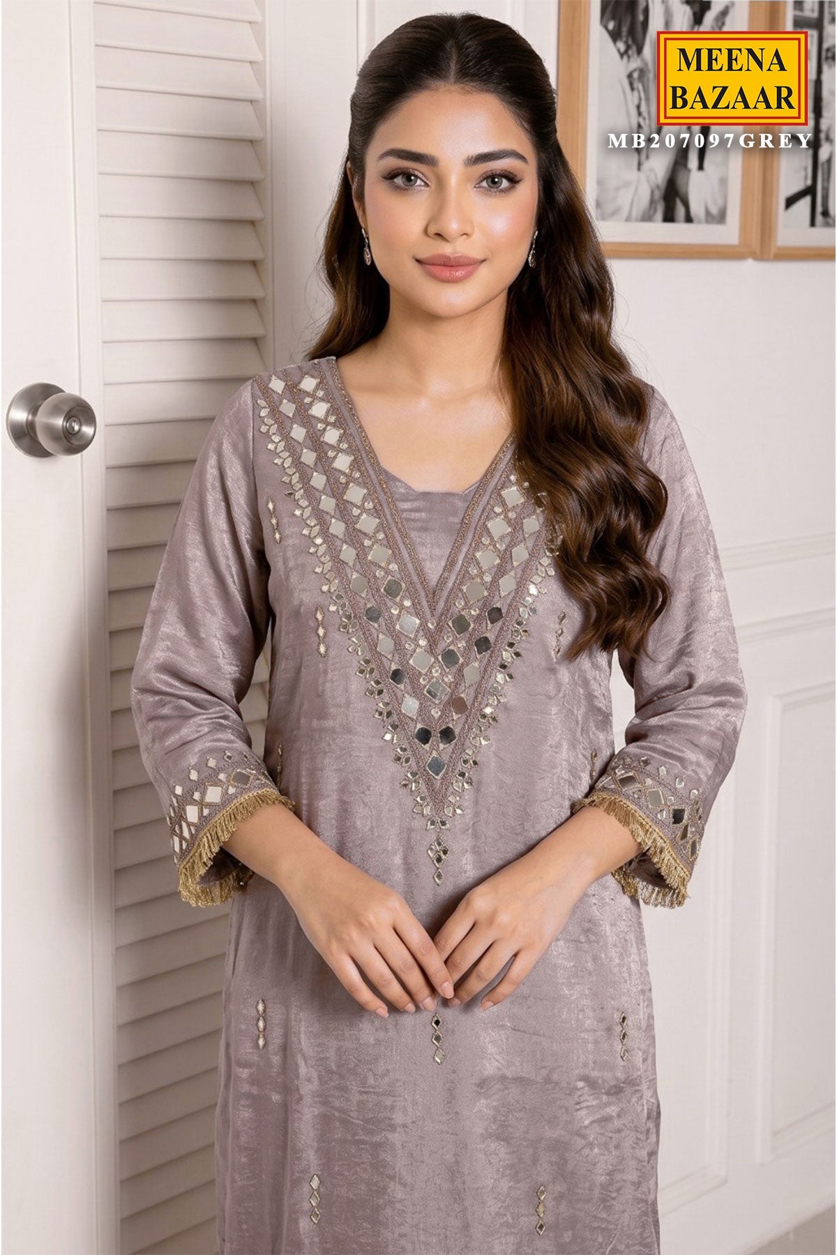 Grey Shimmer Kurti with Neck Embroidery