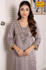 Grey Shimmer Kurti with Neck Embroidery