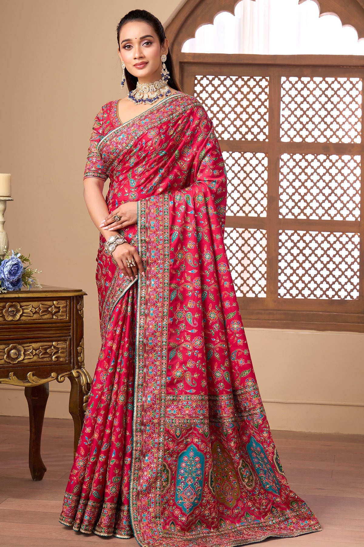 Red Printed Satin Silk Saree for Women Festive & Party Wear Elegant Saree