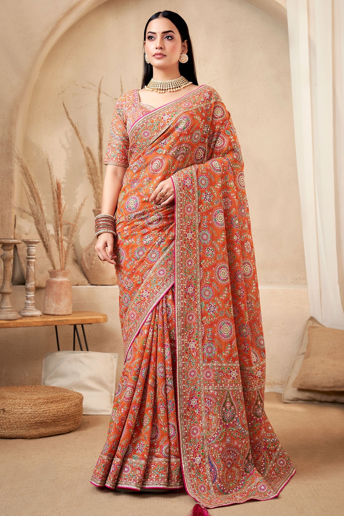 Orange  Printed Satin Silk Saree for Women Festive & Party Wear Elegant Saree