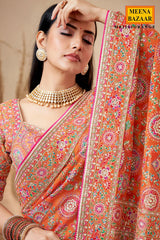 Orange  Printed Satin Silk Saree for Women Festive & Party Wear Elegant Saree
