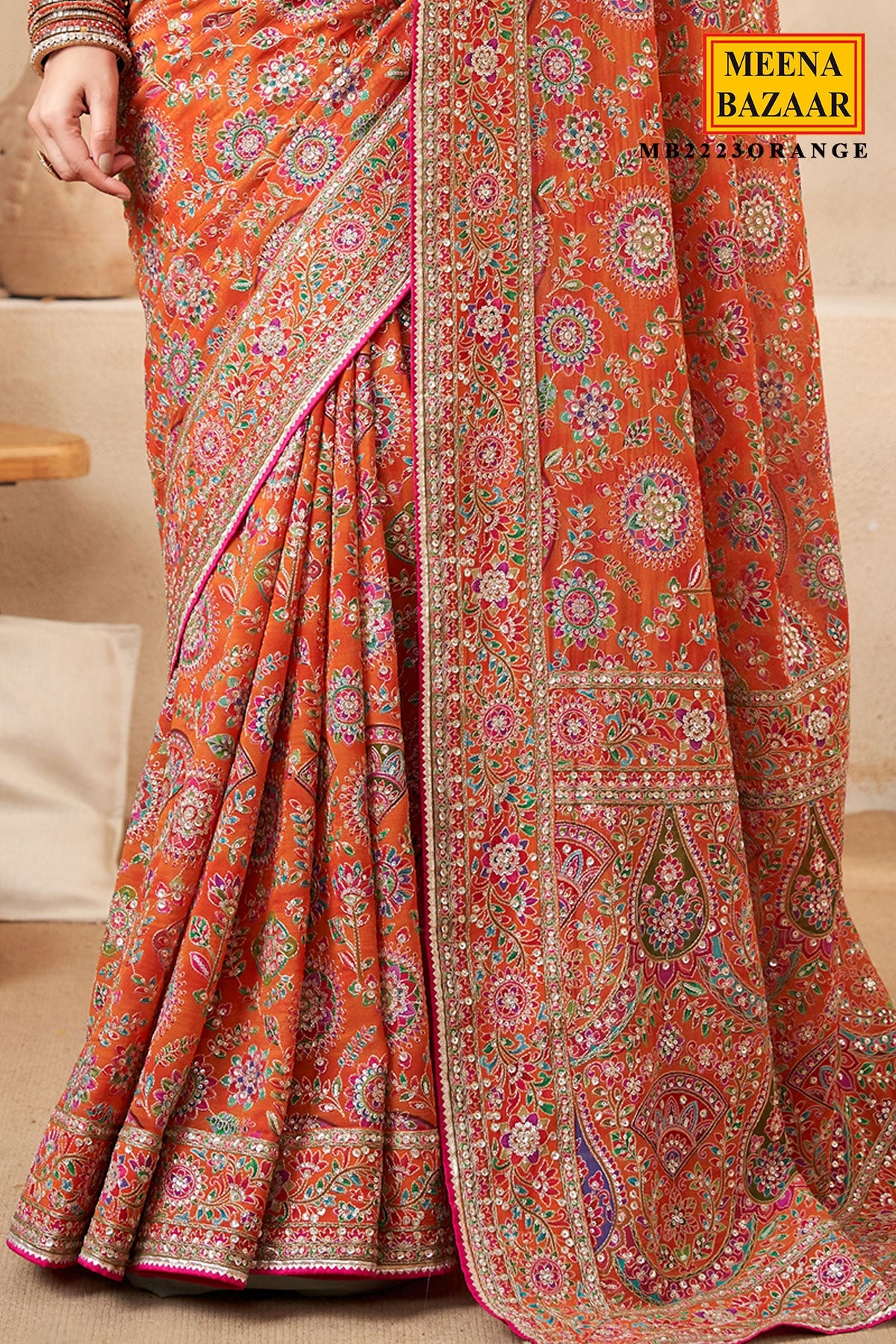 Orange  Printed Satin Silk Saree for Women Festive & Party Wear Elegant Saree