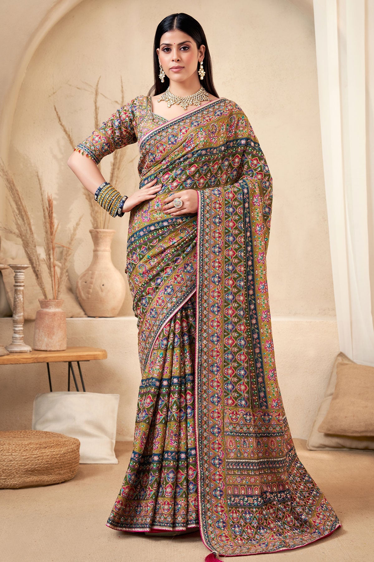 Mehandi Printed Satin Silk Saree for Women Festive & Party Wear Elegant Saree