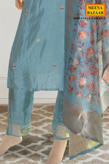 Sea Green Suit Set with Floral Dupatta
