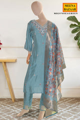 Sea Green Suit Set with Floral Dupatta