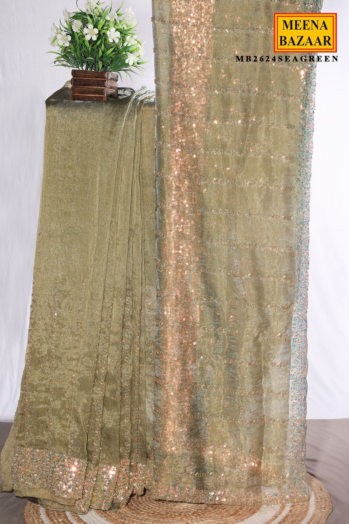 Sea Green Tissue Sequin Saree