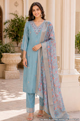 Sea Green Suit Set with Floral Dupatta