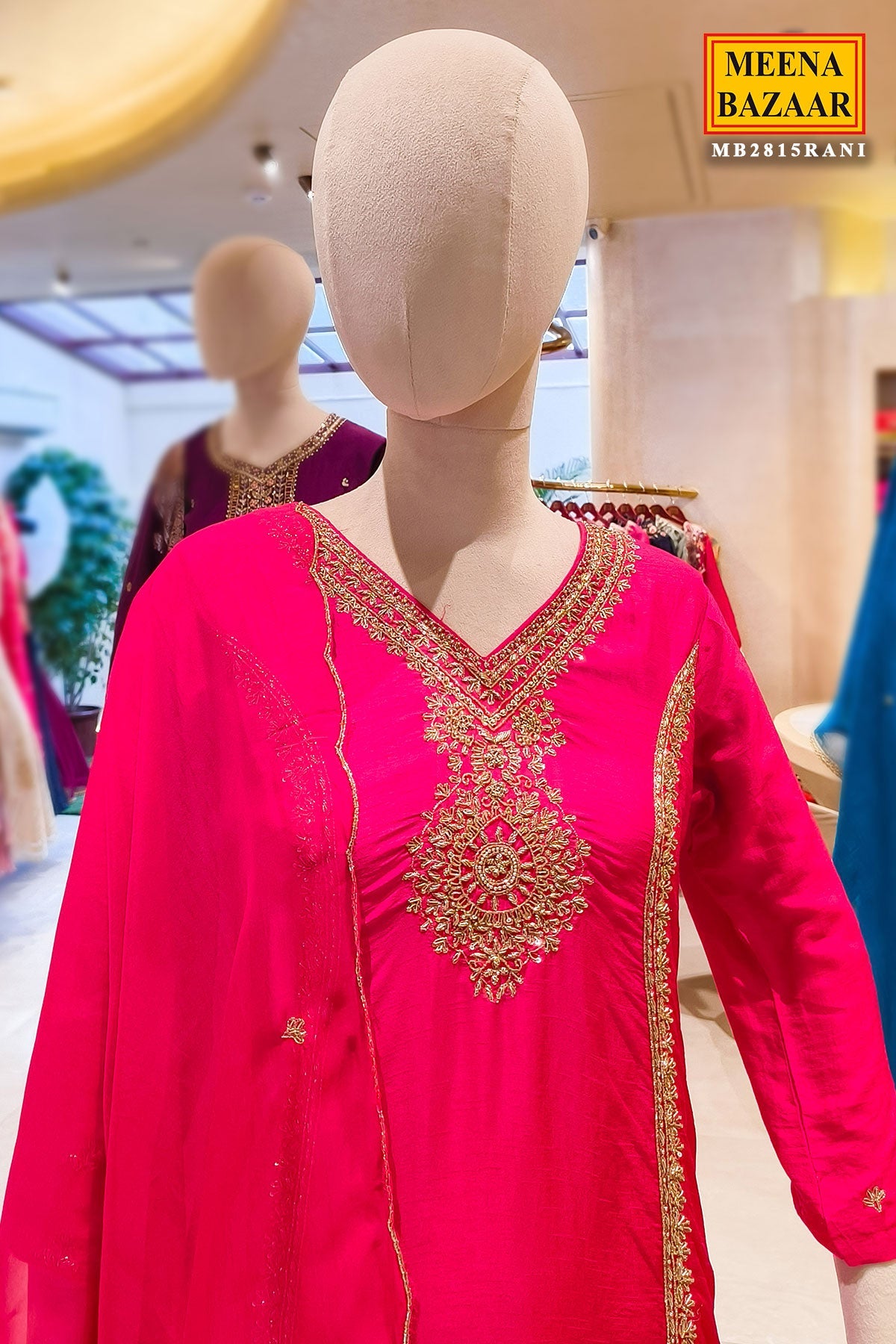 Rani Silk Neck Embroidered Ready Made Suit Set