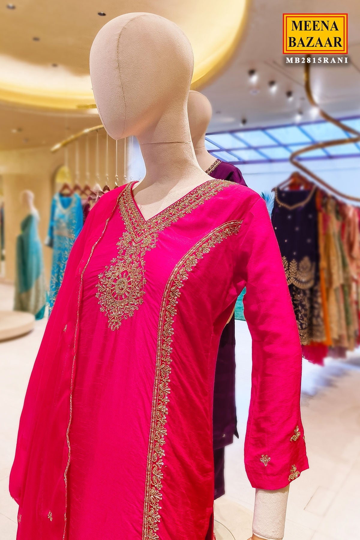 Rani Silk Neck Embroidered Ready Made Suit Set
