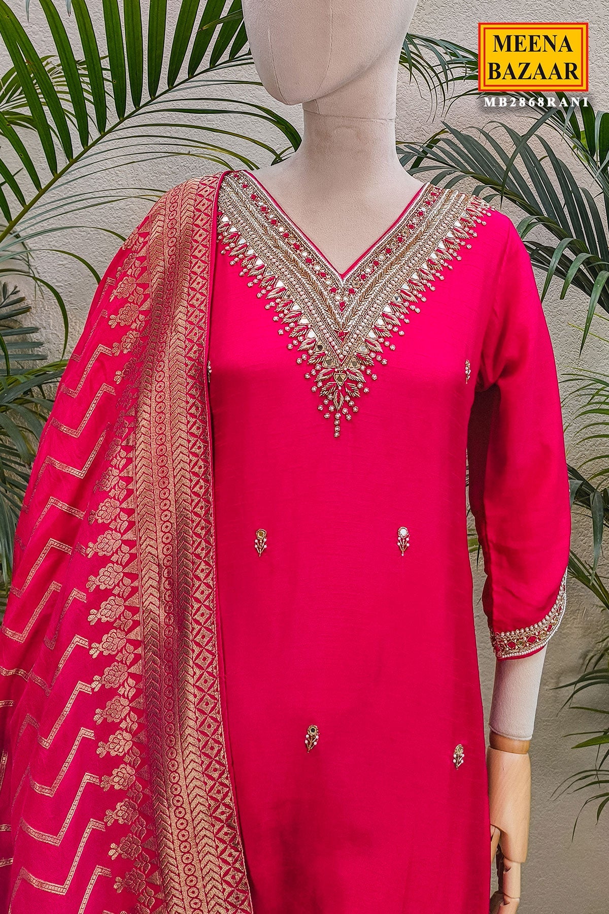 Rani Neck Embroidered Silk Readymade Suit Party & Festive Wear