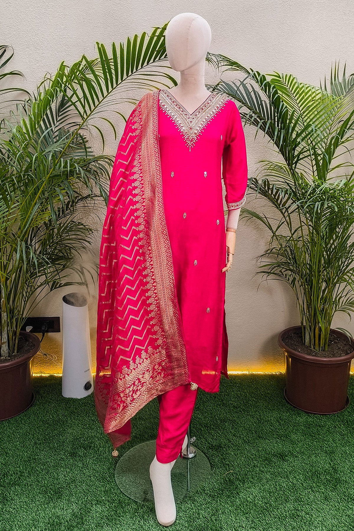 Rani Neck Embroidered Silk Readymade Suit Party & Festive Wear