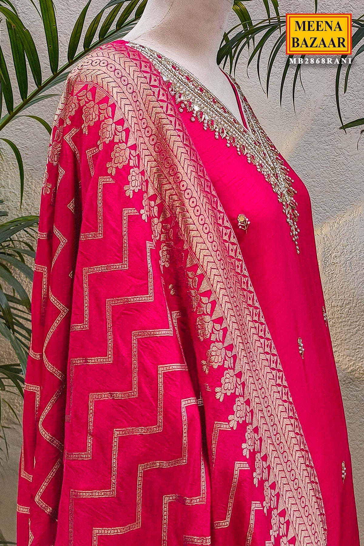 Rani Neck Embroidered Silk Readymade Suit Party & Festive Wear