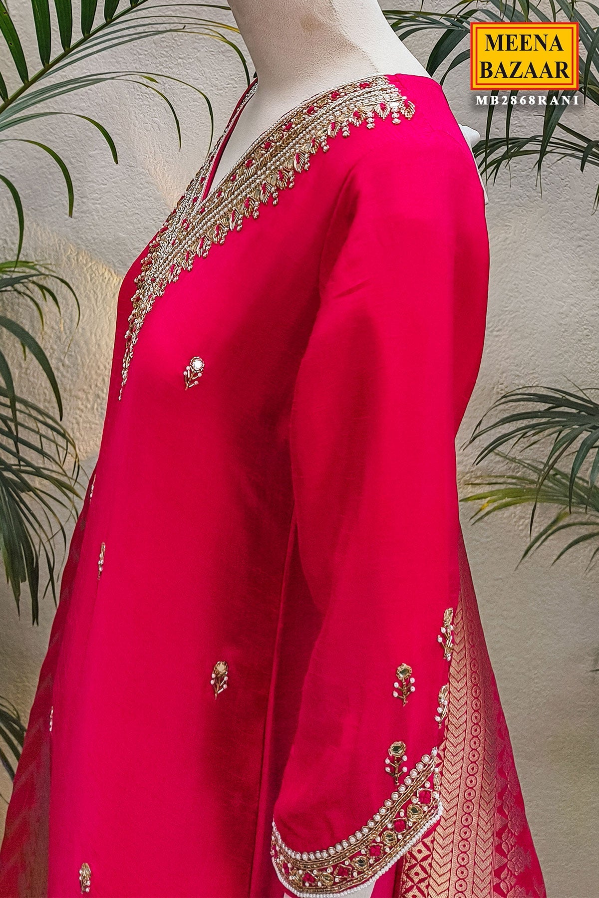 Rani Neck Embroidered Silk Readymade Suit Party & Festive Wear