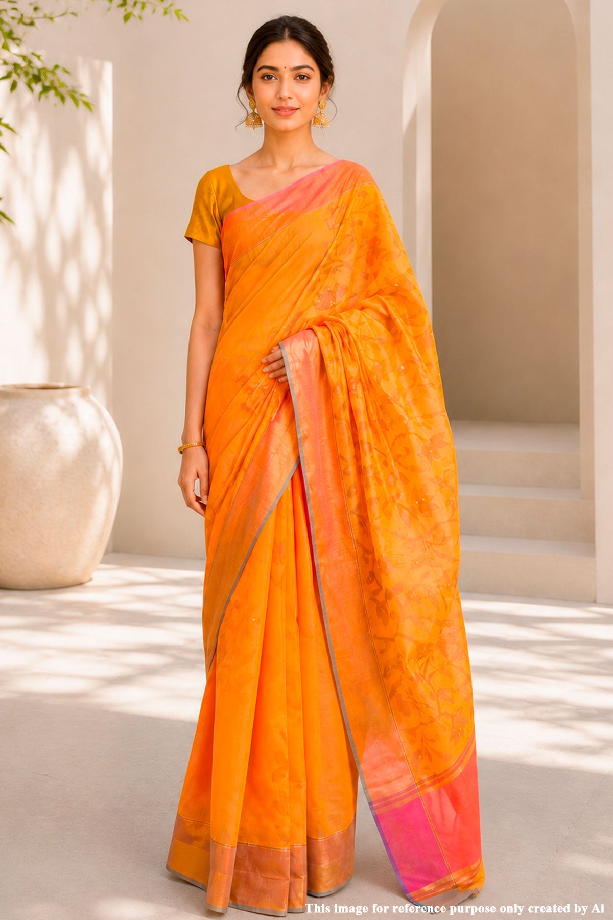 Mustard Mirror Work Cotton Saree
