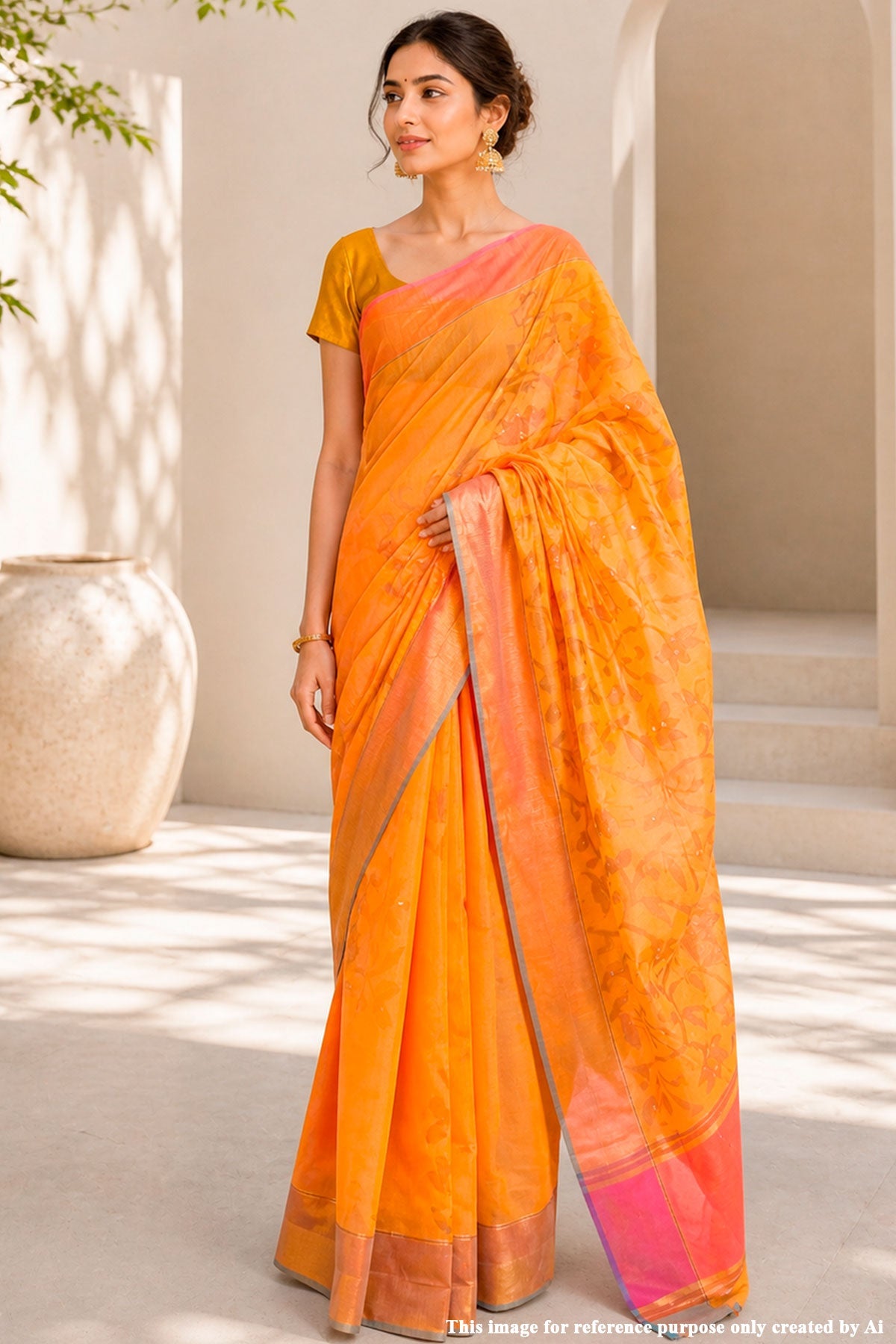 Mustard Mirror Work Cotton Saree