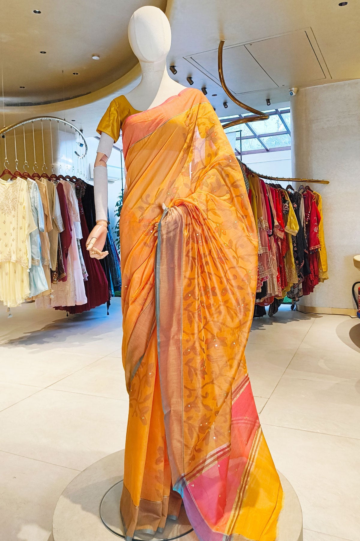 Mustard Mirror Work Cotton Saree