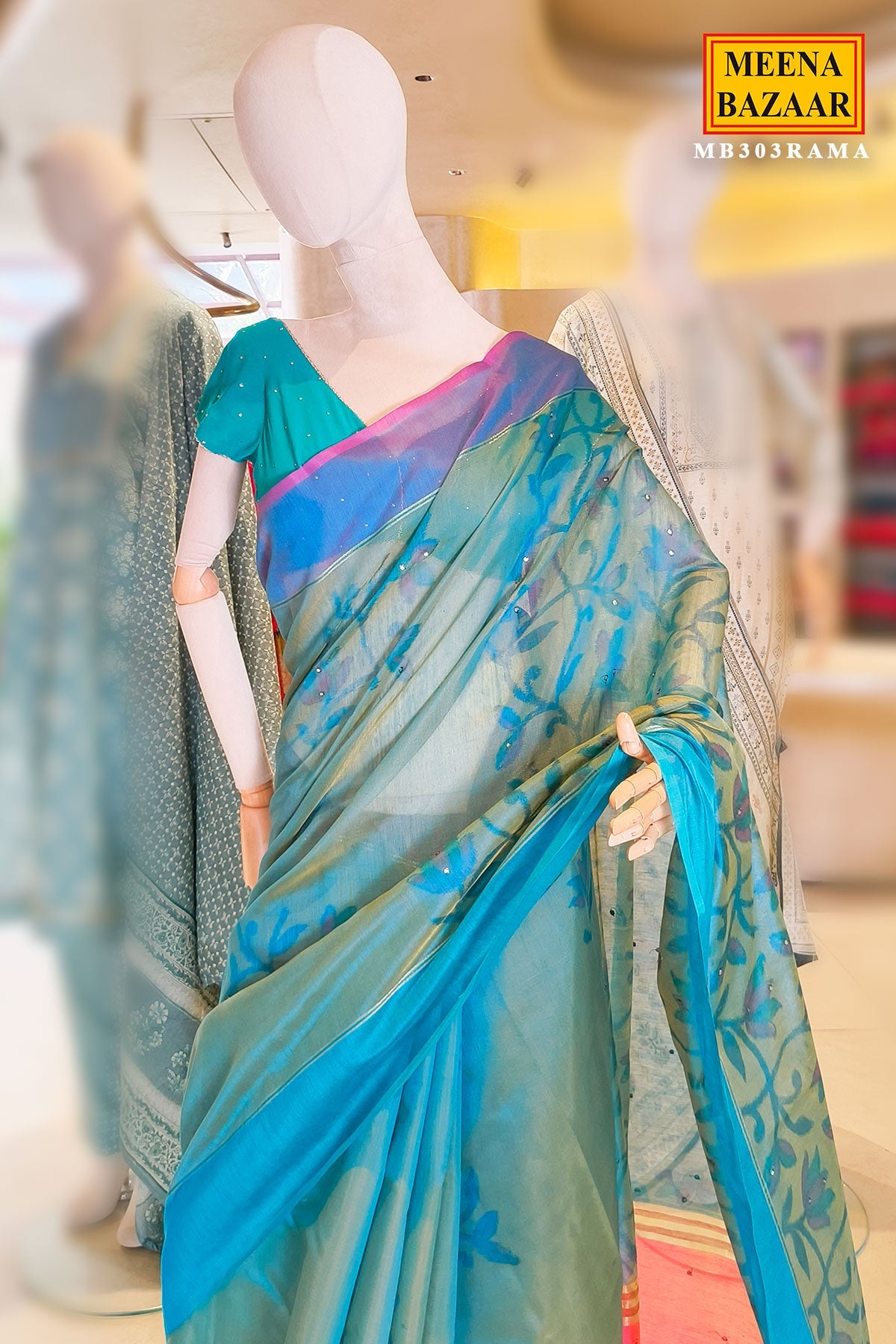 Rama Mirror Work Cotton Saree