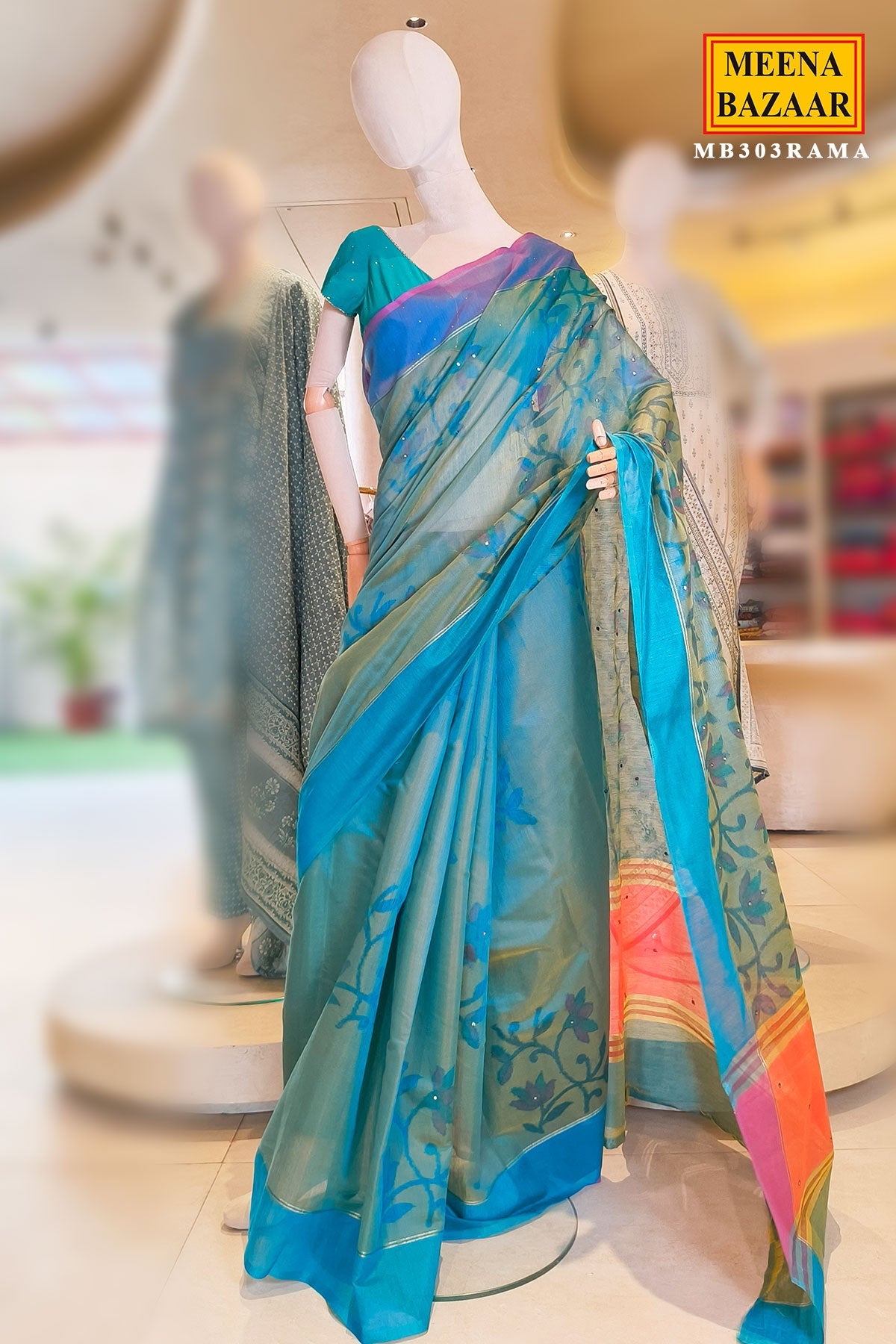 Rama Mirror Work Cotton Saree