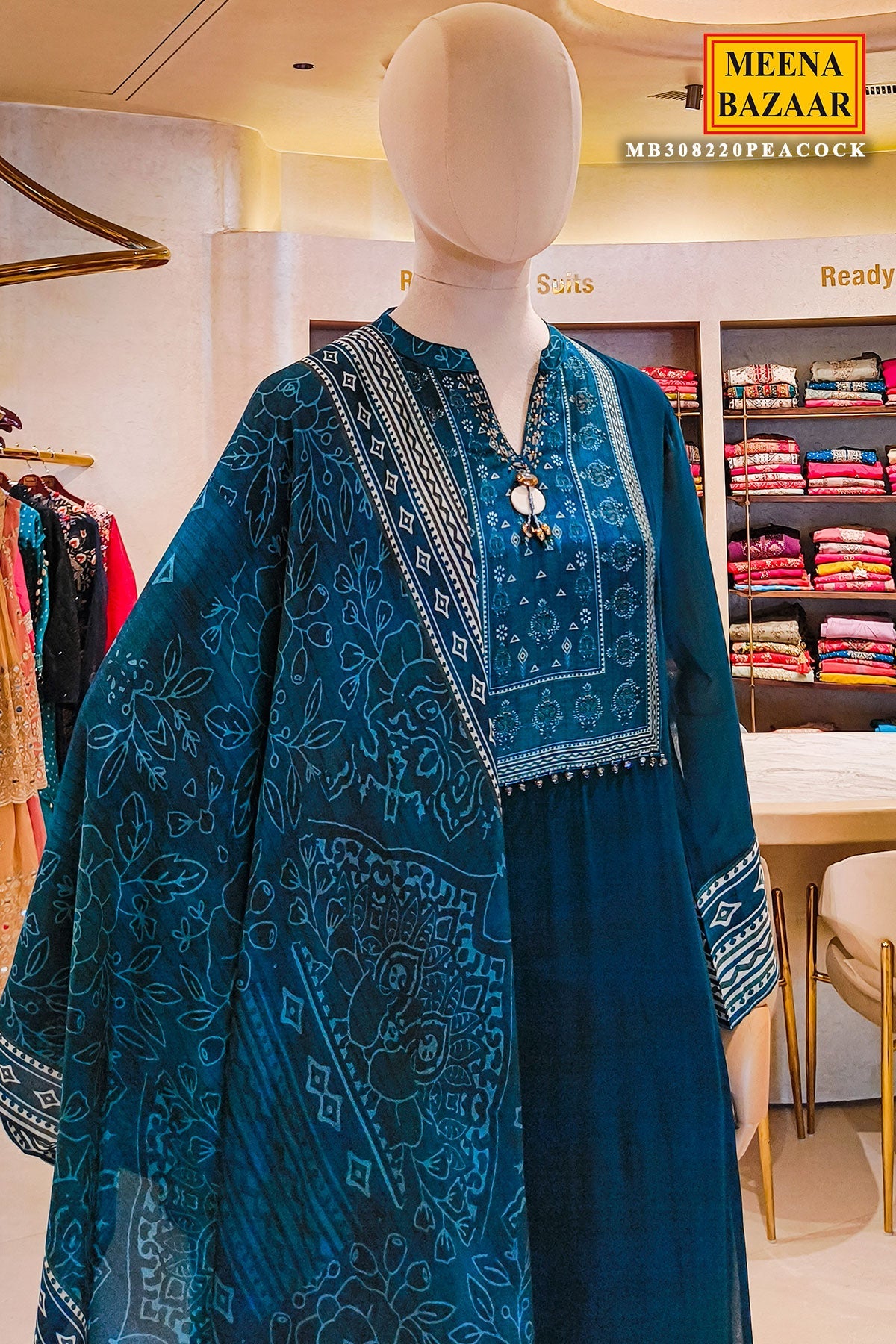 Peacock Blue Printed Readymade Suit Set with Dupatta Festive & Casual Wear