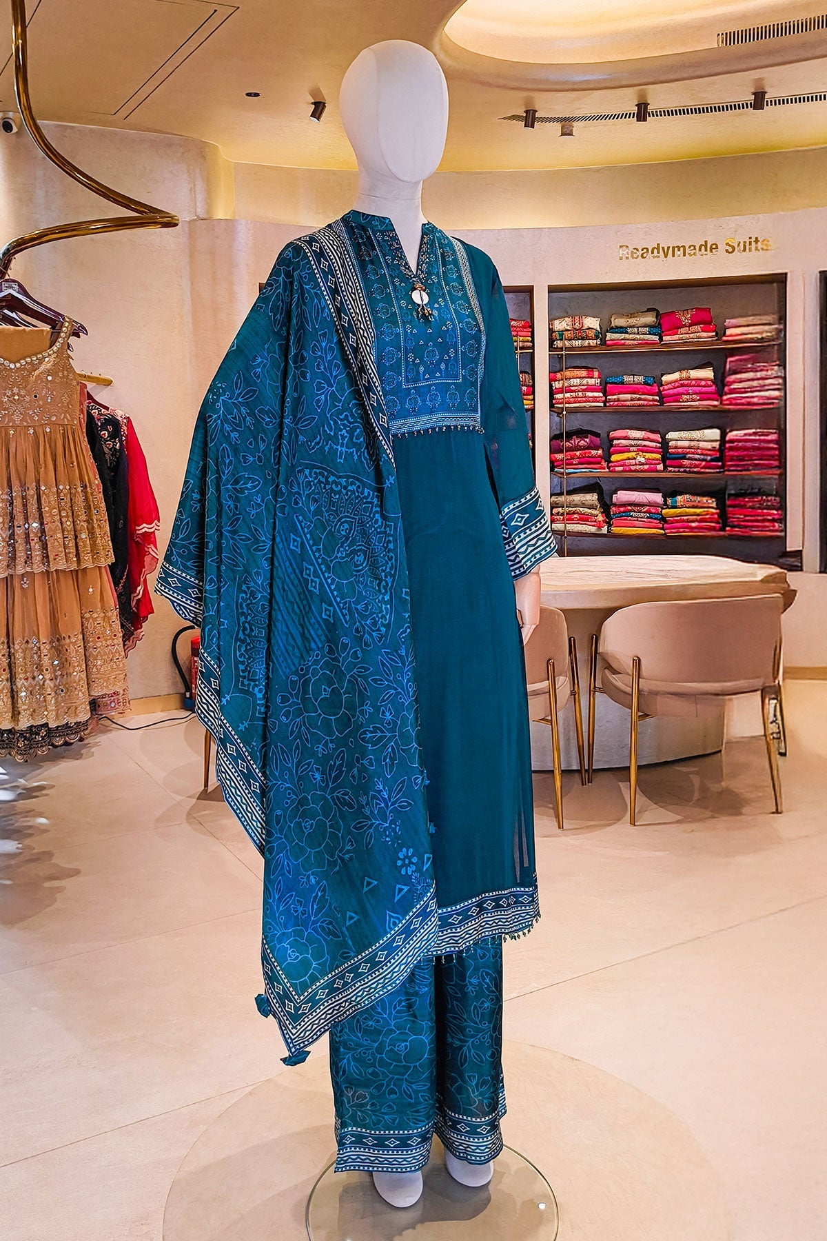 Peacock Blue Printed Readymade Suit Set with Dupatta Festive & Casual Wear