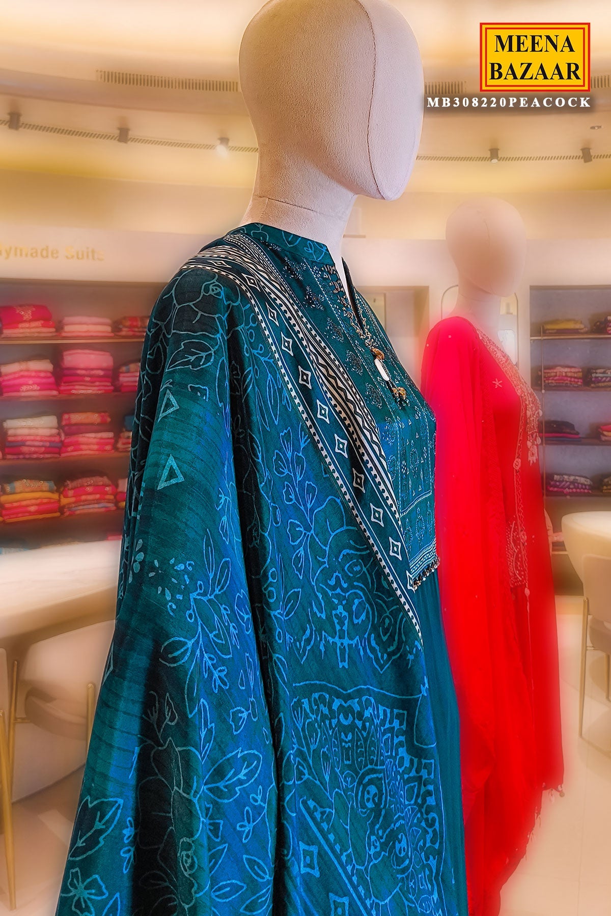 Peacock Blue Printed Readymade Suit Set with Dupatta Festive & Casual Wear
