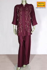 Wine Embroidered Rayon Kurti