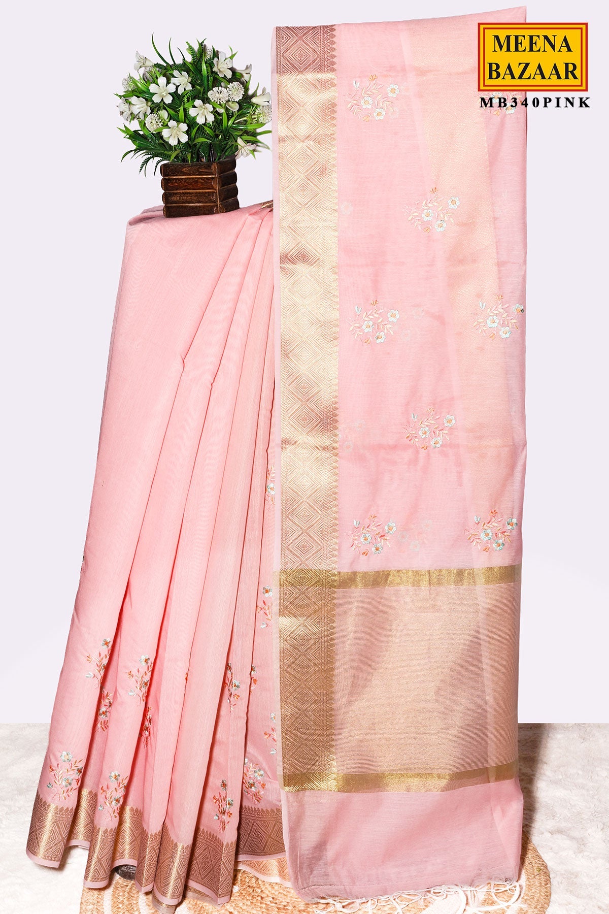Pink Cotton Resham Butta Saree
