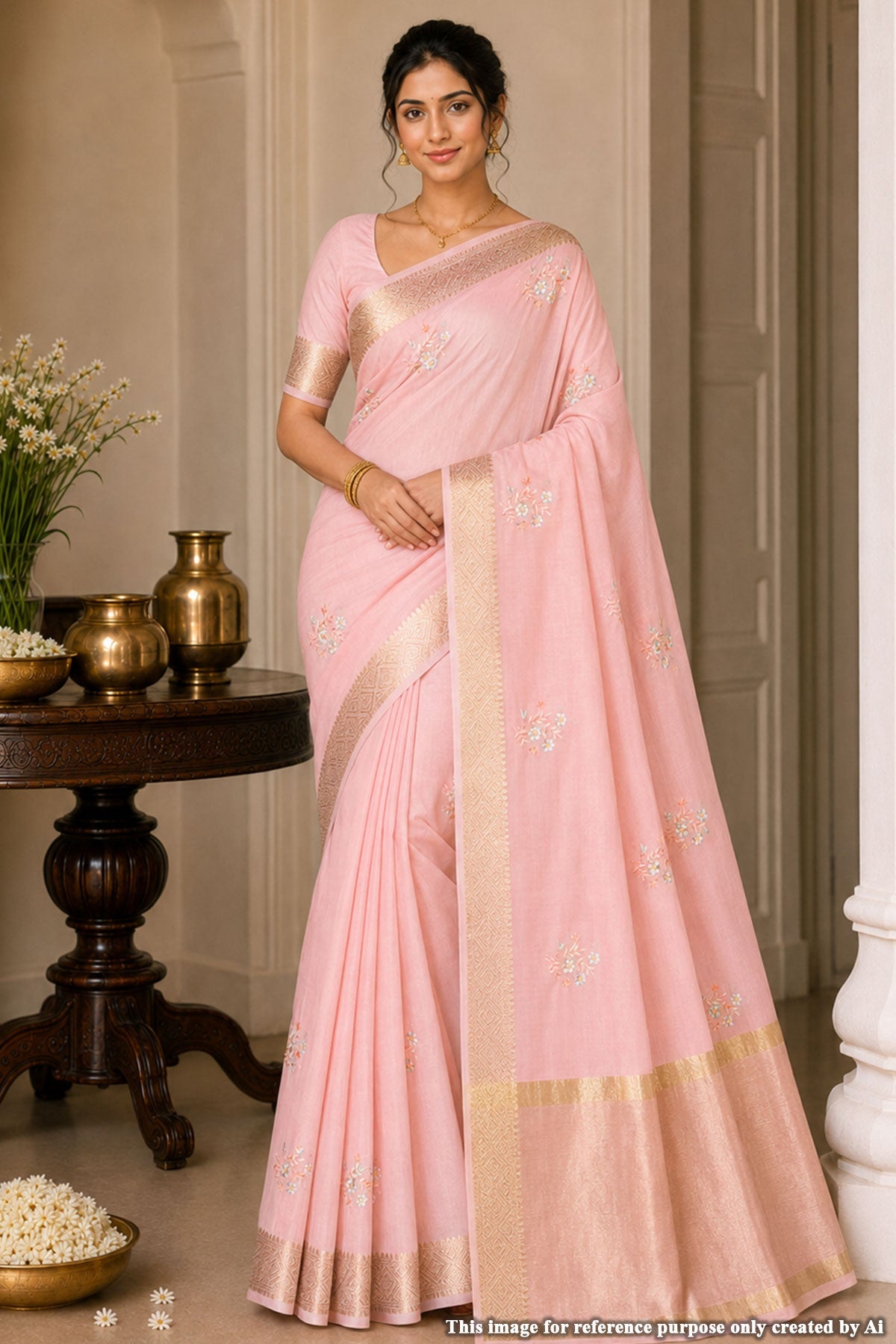 Pink Cotton Resham Butta Saree