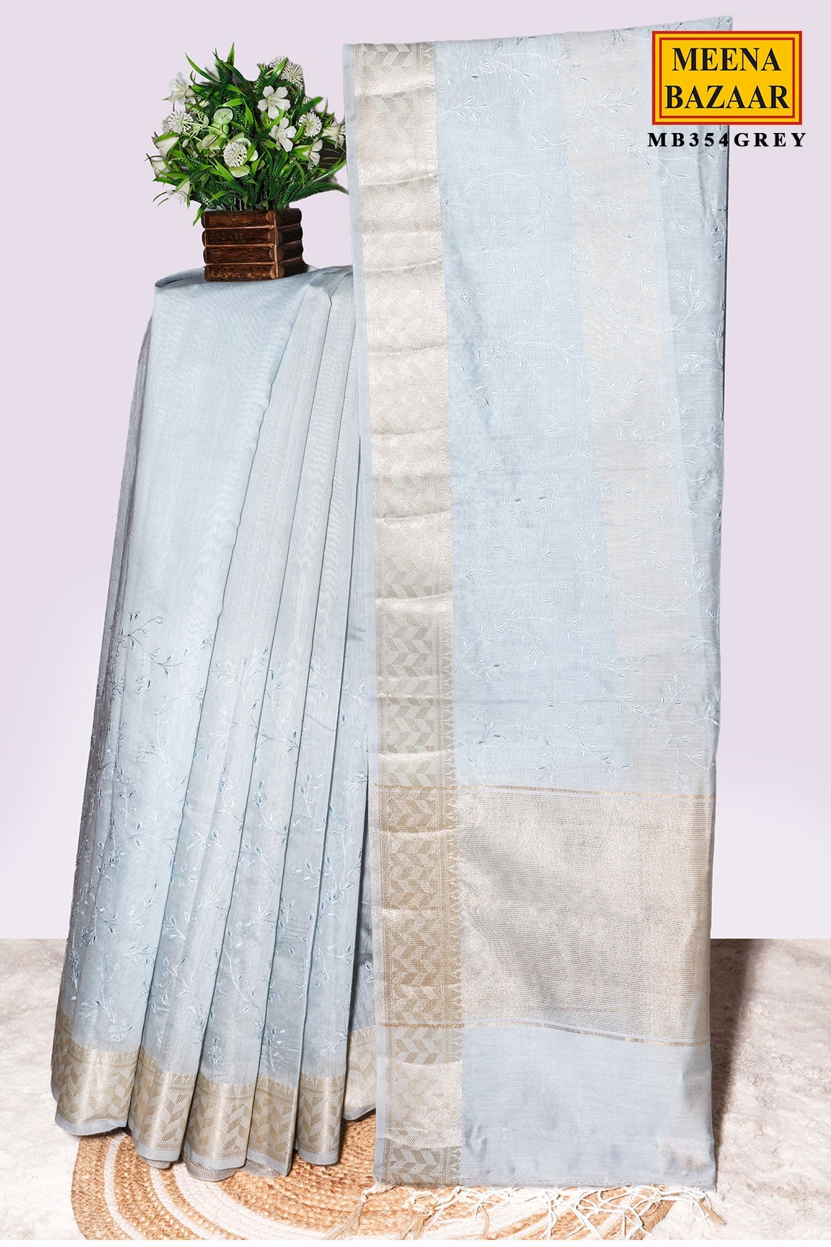 Grey Cotton Resham Butta Saree