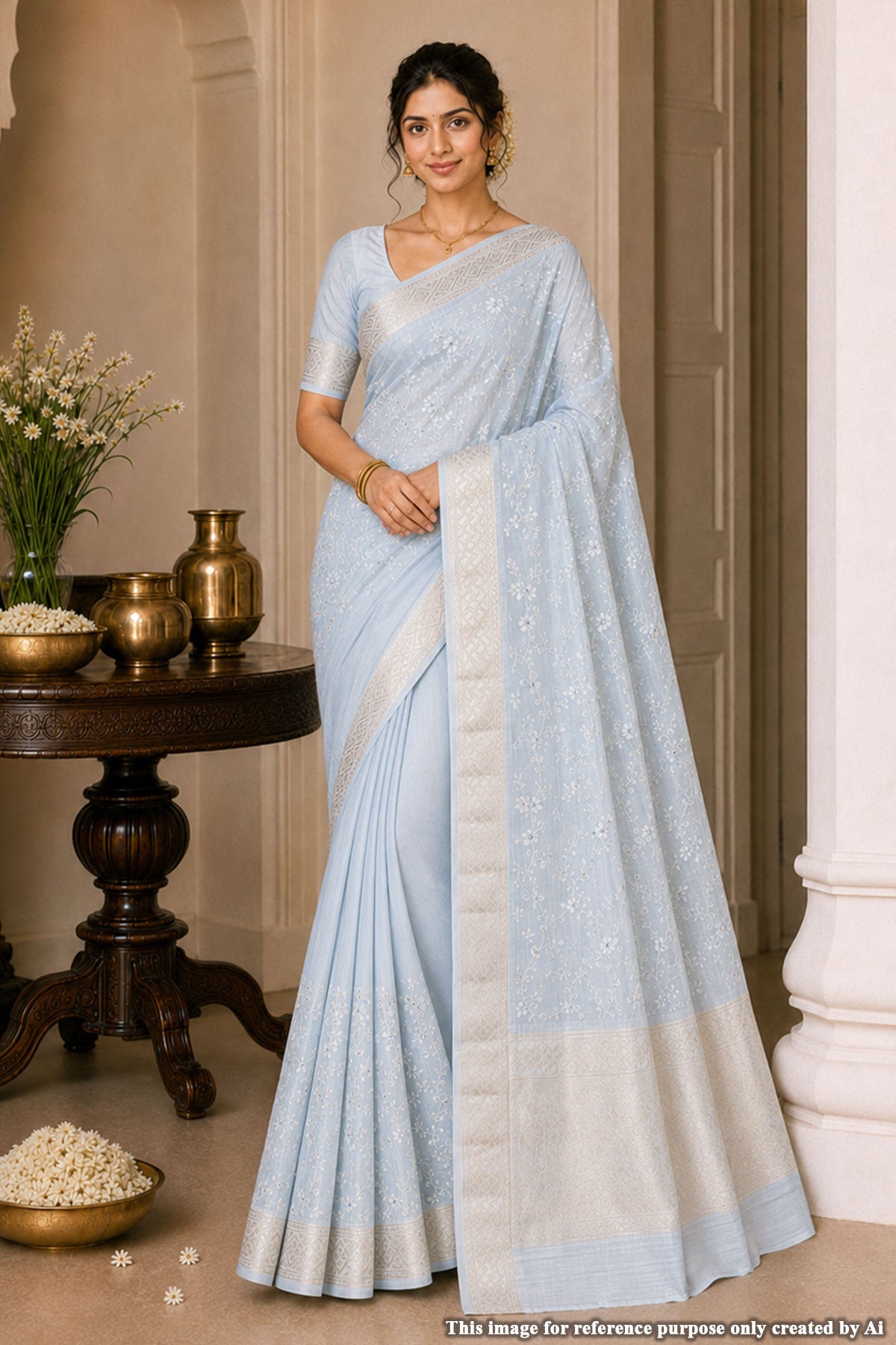 Grey Cotton Resham Butta Saree