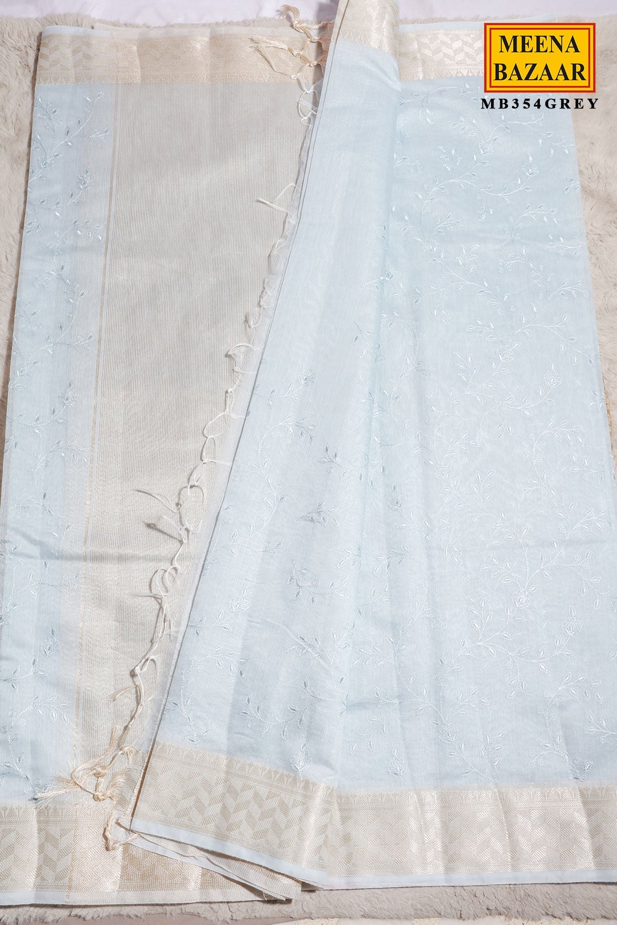 Grey Cotton Resham Butta Saree