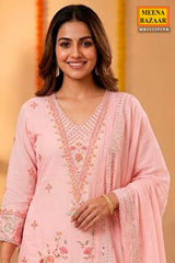 Pink Cotton Unstitched Suit with Embroidery