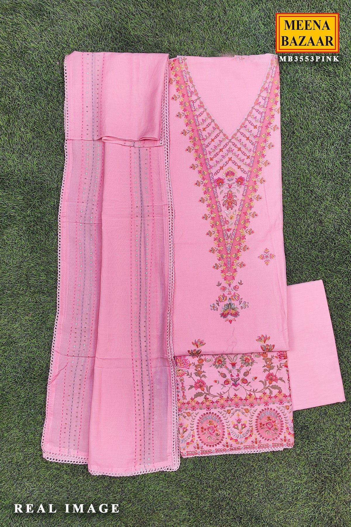 Pink Cotton Unstitched Suit with Embroidery