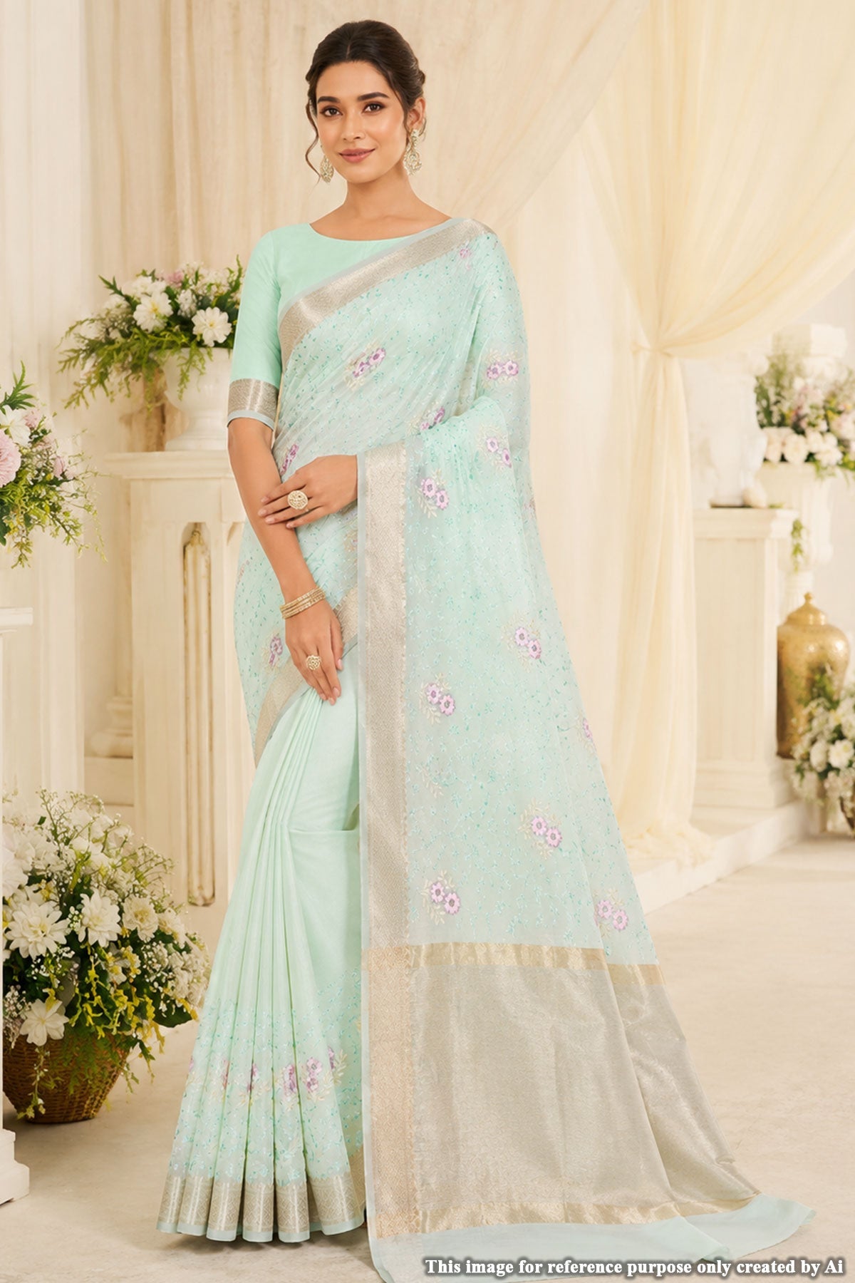 Sea Green Cotton Resham Jaal Saree