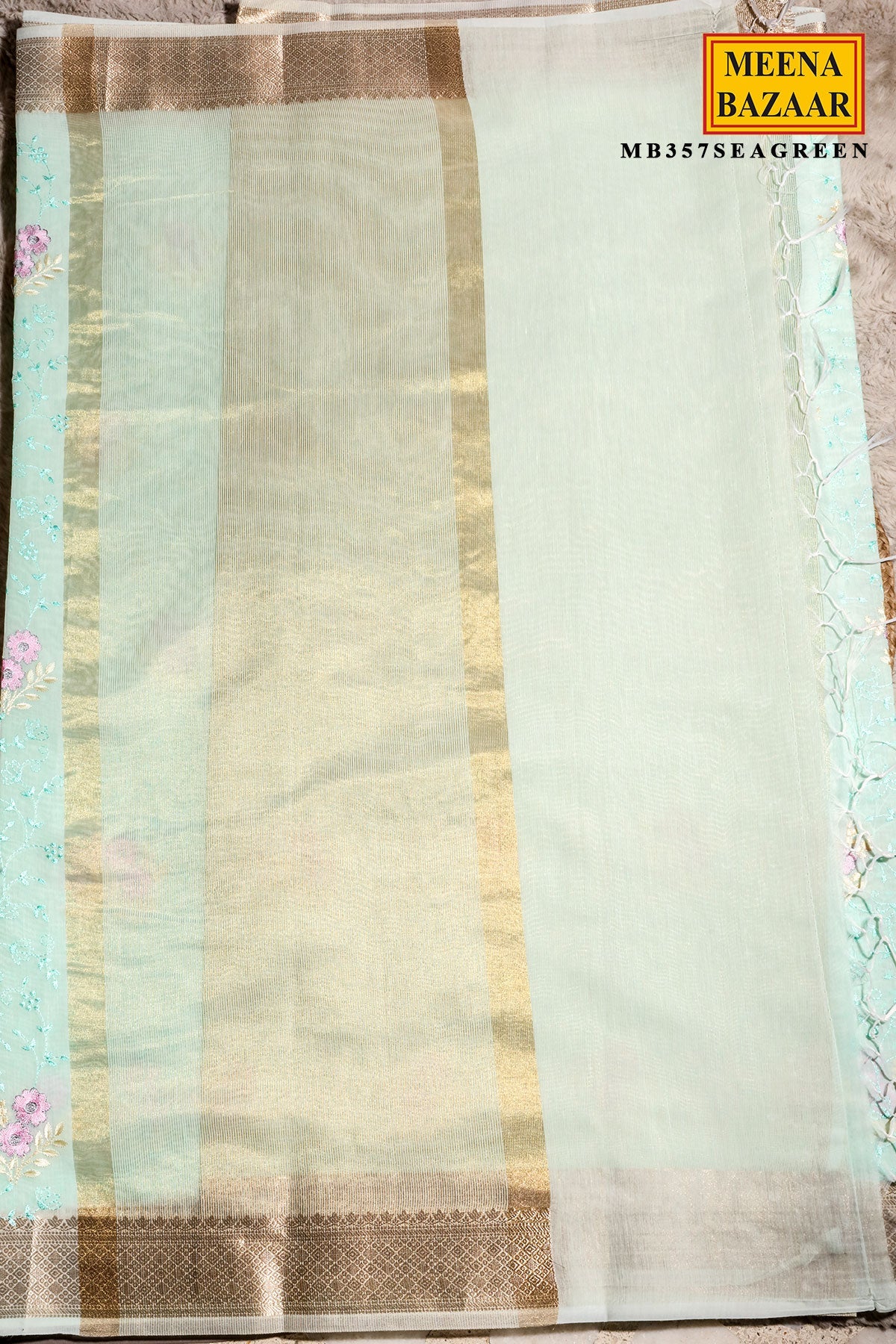 Sea Green Cotton Resham Jaal Saree